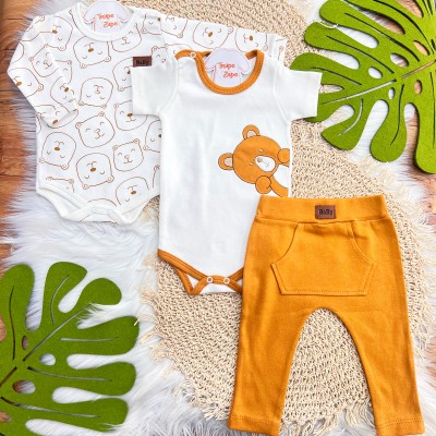  CONJ. DE MALHA 3 PEÇAS - Bear - Mostarda e Off White